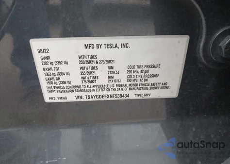 2022 Tesla Model Y Performance Dual Motor All-Wheel Drive z USA, uszkodzony, nr VIN 7SAYGDEFXNF539434